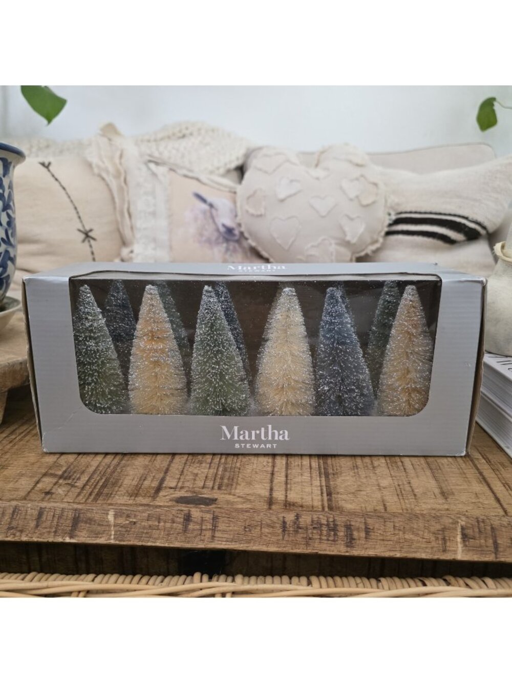 Martha Stewart Trees Sparkly Small Bottle Brush Green Cream Blue 5in New